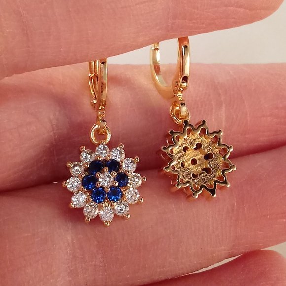 18K Yellow Gold Filled Flower Navy Blue Diamond Zircon Dangle Earrings Gorgeous - Picture 4 of 4